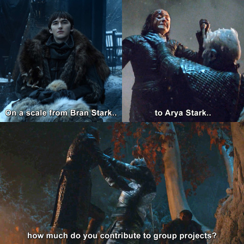 Game of Thrones - On a scale from Bran Stark to Arya Stark, how much do you contribute to group projects?